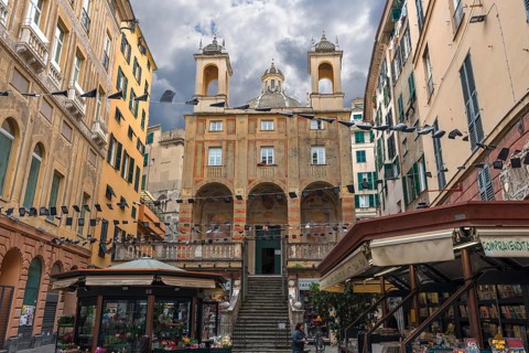 Square with the church of San Pietro ion Banchi, consecrated in 1585, Piazza Banchi Genoa, Italy,