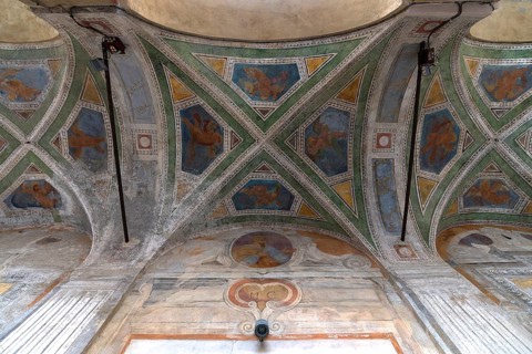 Fresco painting in the vaulted ceiling in the entrance portal of the church of San Pietro ion