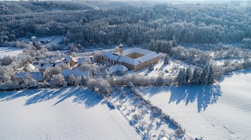 Aerial view of the Cistercian Abbey of Oberschönenfeld near Augsburg in the Western Forests nature