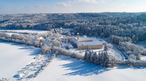 Aerial view of the Cistercian Abbey of Oberschönenfeld near Augsburg in the Western Forests nature