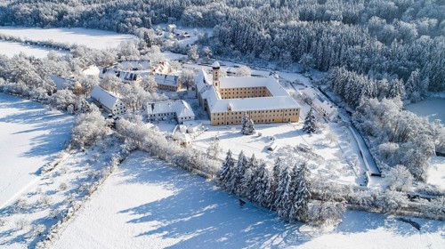 Aerial view of the Cistercian Abbey of Oberschönenfeld near Augsburg in the Western Forests nature
