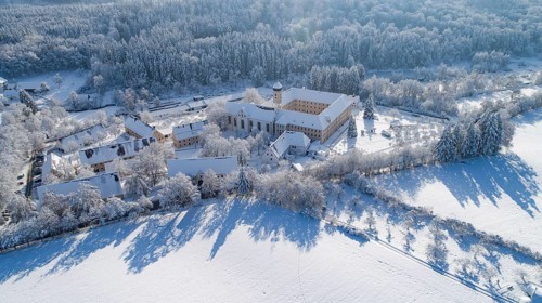 Aerial view of the Cistercian Abbey of Oberschönenfeld near Augsburg in the Western Forests nature
