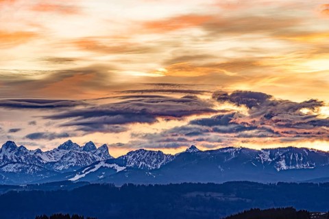 Sunrise in winter over the snow-covered Allgäu Alps, on the left the Kellenspitze, the Gimpel and