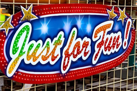 Sign with inscription Just for Fun, fairground ride at Kalter Markt, Kaale Määrt, funfair,
