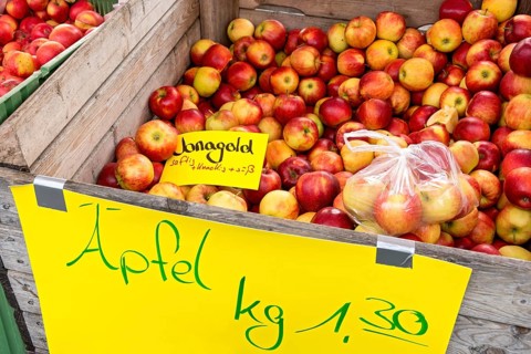 Apples on offer, apple tree (Malus domestica), fruit, market stall, folk festival Kalter Markt,
