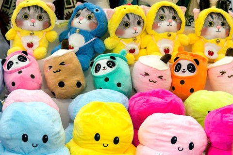 Funny colourful soft toys, stuffed animals, prizes, raffle prizes, lucky draw, lottery stand,