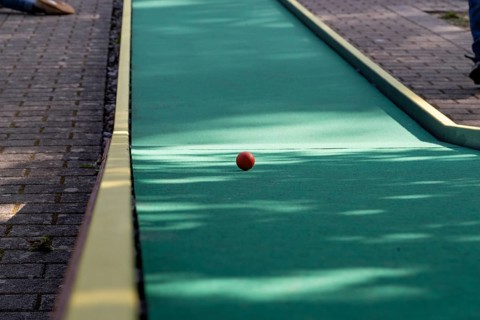 Red ball rolls on green minigolf course, Germany, Europe