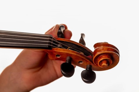 Child's hand tuning viola, studio shot, white background, Germany, Europe
