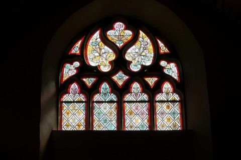 Window in the Evangelical Reformed Church of Krummhörn-Hinte, Germany, Europe