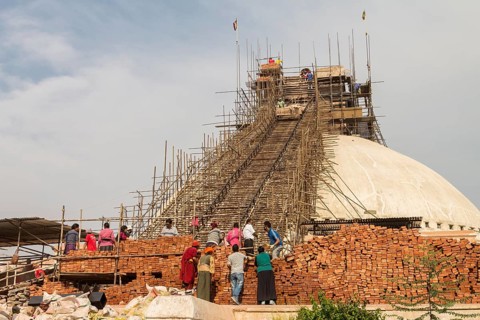 Reconstruction works in progress at Boudhanath, the Bouddha Stupa, one of the UNESCO World Heritage