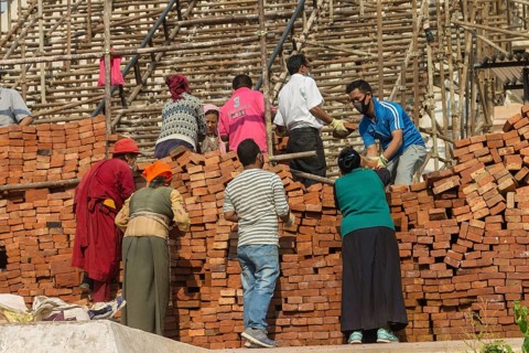 Reconstruction works in progress at Boudhanath, the Bouddha Stupa, one of the UNESCO World Heritage