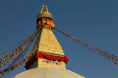 Dome and golden tower of Boudhanath, the Bouddha Stupa, the largest stupa in Nepal, Buddhist