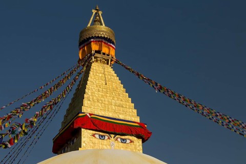 Dome and golden tower of Boudhanath, the Bouddha Stupa, the largest stupa in Nepal, Buddhist