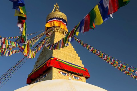 Dome and golden tower of Boudhanath, the Bouddha Stupa, the largest stupa in Nepal, Buddhist