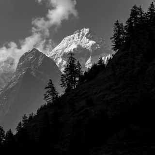 Lapuchung (5969 m) peak, with silhouettes of some trees in the foreground, seen from the way