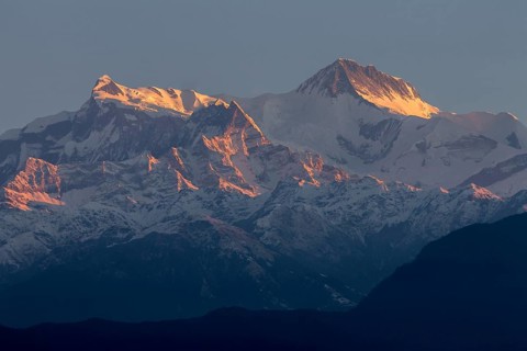 Annapurna II (7937m) and Annapurna IV (7525m, left) mountain peaks seen at sunrise on a clear