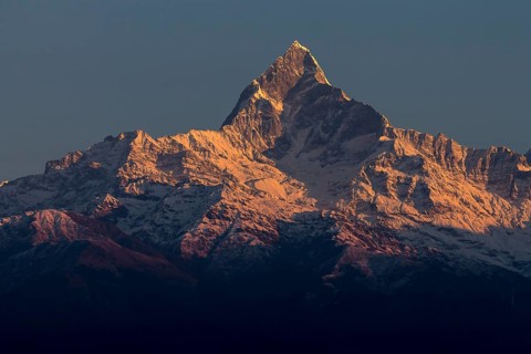 Machapuchare (6993m), Fishtail Mountain, the sacred peak in the Annapurna massif of the Himalayas,