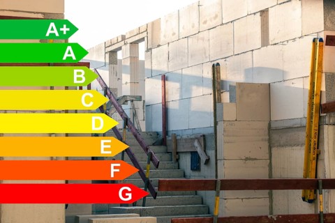 Construction site of a new housing estate, graphic with energy efficiency classes for buildings