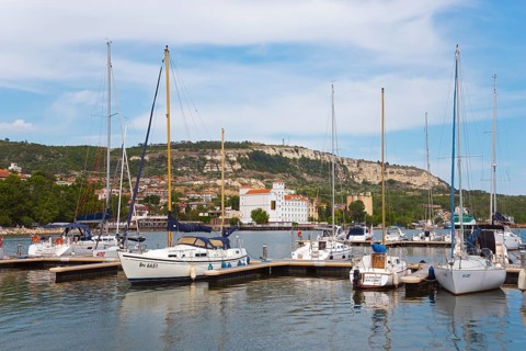 Sailing boats in the marina with clear sky and hills in the background, Balchik, Balchik, Bal?ik,