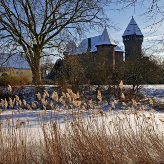 Linn Castle moated castle in Krefeld-Linn in winter, Krefeld, Lower Rhine, North Rhine-Westphalia,