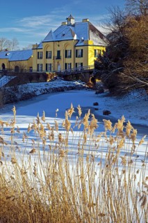The hunting lodge at Linn Castle in winter, Krefeld, Lower Rhine, North Rhine-Westphalia, Germany,