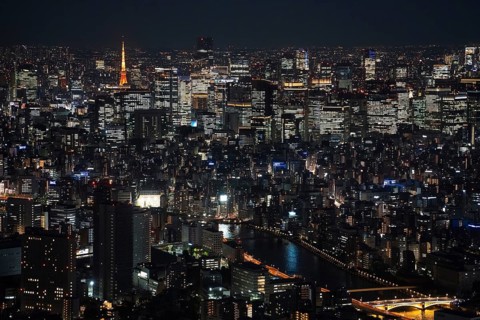 Aerial view over the city Tokyo Metropolis with its high rise, buildings, skyscrapers, Sumida River