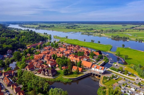 Aerial view over the old town Hitzacker along the Elbe River in summer in the Lüchow-Dannenberg