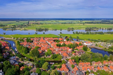 Aerial view over the old town Hitzacker along the Elbe River in summer in the Lüchow-Dannenberg