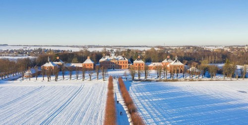 Aerial view over 18th century Schloss Bothmer, Baroque palatial manor house near the town Klütz in