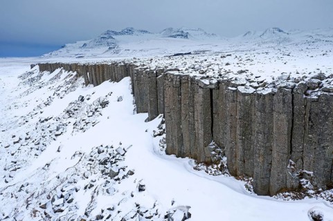 Gerðuberg, Gerduberg basalt columns in winter, cliff of dolerite in the Hnappadalur valley located