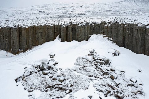 Gerðuberg, Gerduberg basalt columns in winter, cliff of dolerite in the Hnappadalur valley located