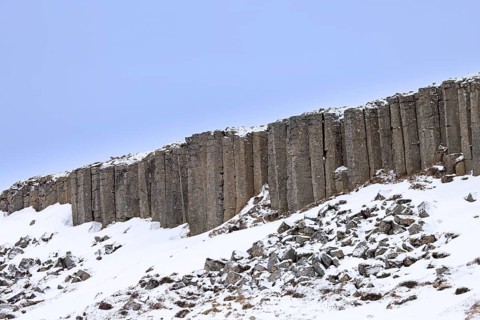 Gerðuberg, Gerduberg basalt columns in winter, cliff of dolerite in the Hnappadalur valley located