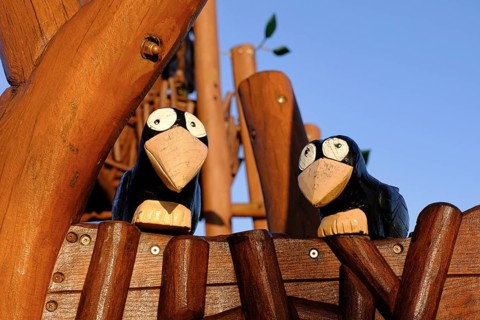 Wooden figure of two ravens, North Rhine-Westphalia, Germany, Europe