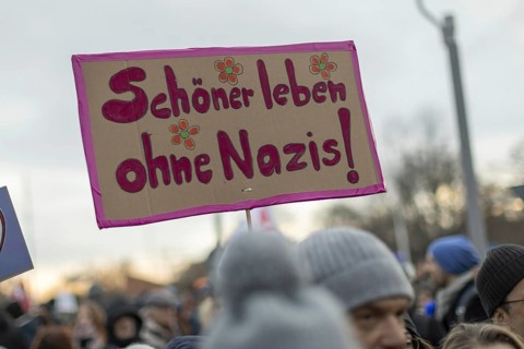Demonstrators at the protest, Defending democracy, Together against the right, in front of the
