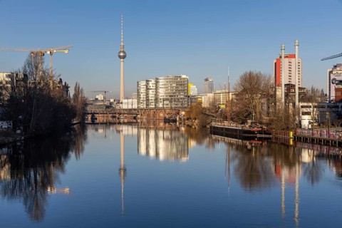 City view Berlin, TV tower Alexanderplatz, Trias Towers, S-Bahn, view from Schillingbrücke,