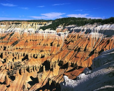 The slopes of Cedar Breaks canyon with eroded pinnacles and colorful volcanic deposits, crowned