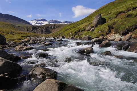 Fast-flowing mountain stream coming down from the hills above Faskrudsfjordur, in the East Fjords
