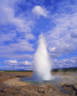 The geyser Strokkur begins a new eruption (every 15 minutes), Haukadale, Iceland, Europe