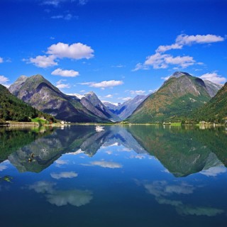 Fjaerlandfjord and the scattered town of Fjaerland in the Sogn district, Norway, Europe