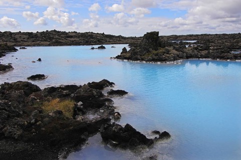 Pools of blue sulphur-laden water at the Blue Lagoon resort, south-west Iceland