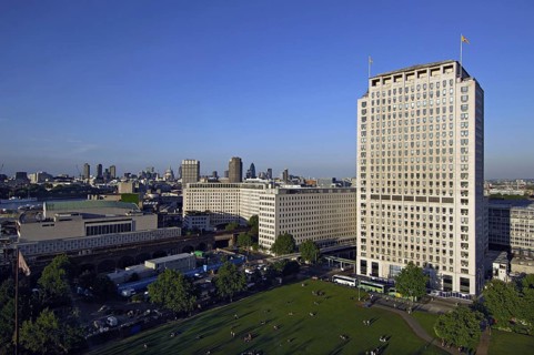A view of the Shellmex Centre and distant high-rise offices, from one of the cabins on the London