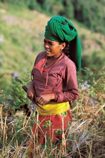 Colourfully dressed Rai woman in the village of Seduwa in the Makalu region of east Nepal
