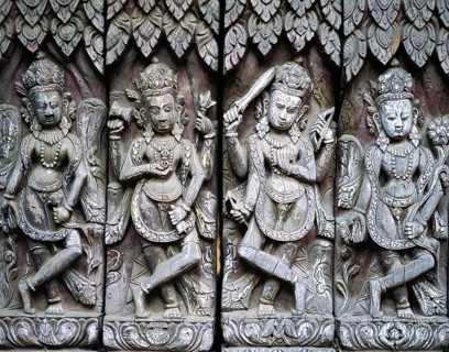 17th century frieze of carved wooden figures in a temple complex in Patan in the Kathmandu valley,
