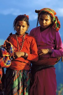 Two Rai girls in their best clothes for Dasaain festival in Seduwa village in the Makalu region of