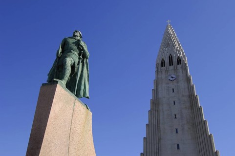 Hallgrimskirkja, the main church of Reykjavik and main city landmark, with the statue of Leif
