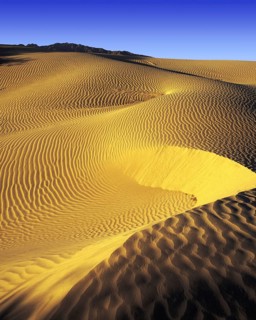 Early morning light on sand-dunes in Death Valley, distant tops of the Panamint Mountains just