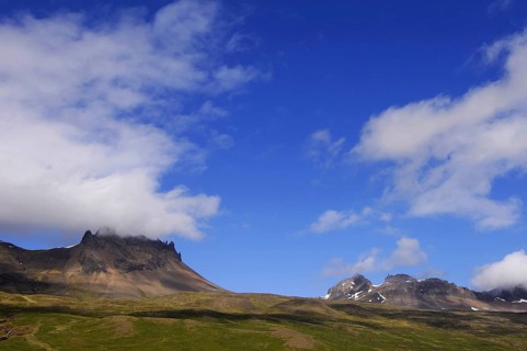 Jagged ridge of hills above the north side of Berufjordur in the East Fjords region of eastern