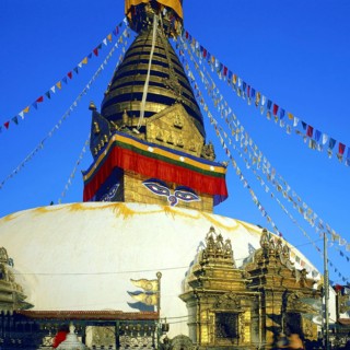 The stupa at Swayambunath, Kathmandu, Nepal. The sacred hilltop of Swayambu is celebrated by