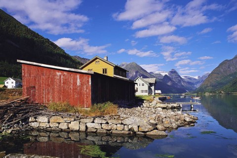 Fjaerlandfjord and the scattered town of Fjaerland in the Sogn district, Norway, Europe