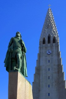 Hallgrimskirkja, the main church of Reykjavik and main city landmark, with the statue of Leif